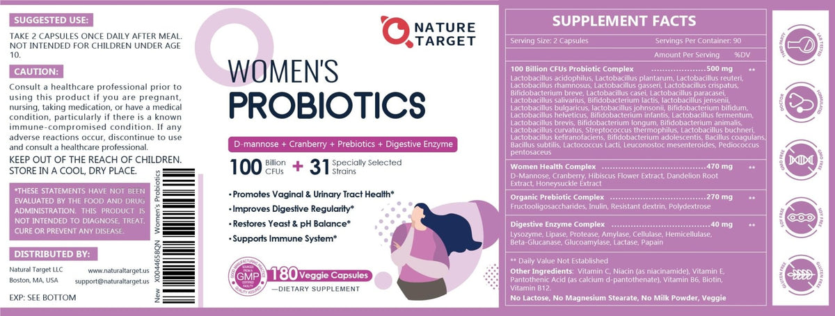 NATURE TARGET Probiotics for Women, 100 Billion CFUs Probiotic with Digestive Enzymes & Prebiotics, Vaginal Probiotics with Cranberry for Urinary Tract Health, - PrimeBioHealth - canada supplements