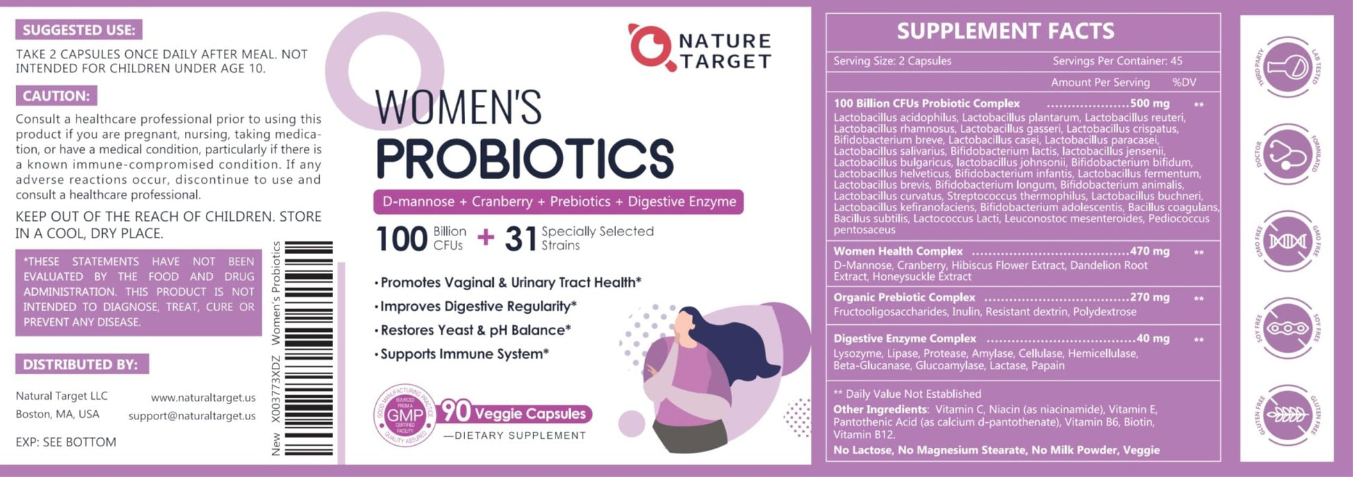 NATURE TARGET Probiotics for Women, 100 Billion CFUs Probiotic with Digestive Enzymes & Prebiotics, Vaginal Probiotics with Cranberry for Urinary Tract Health - PrimeBioHealth - canada supplements