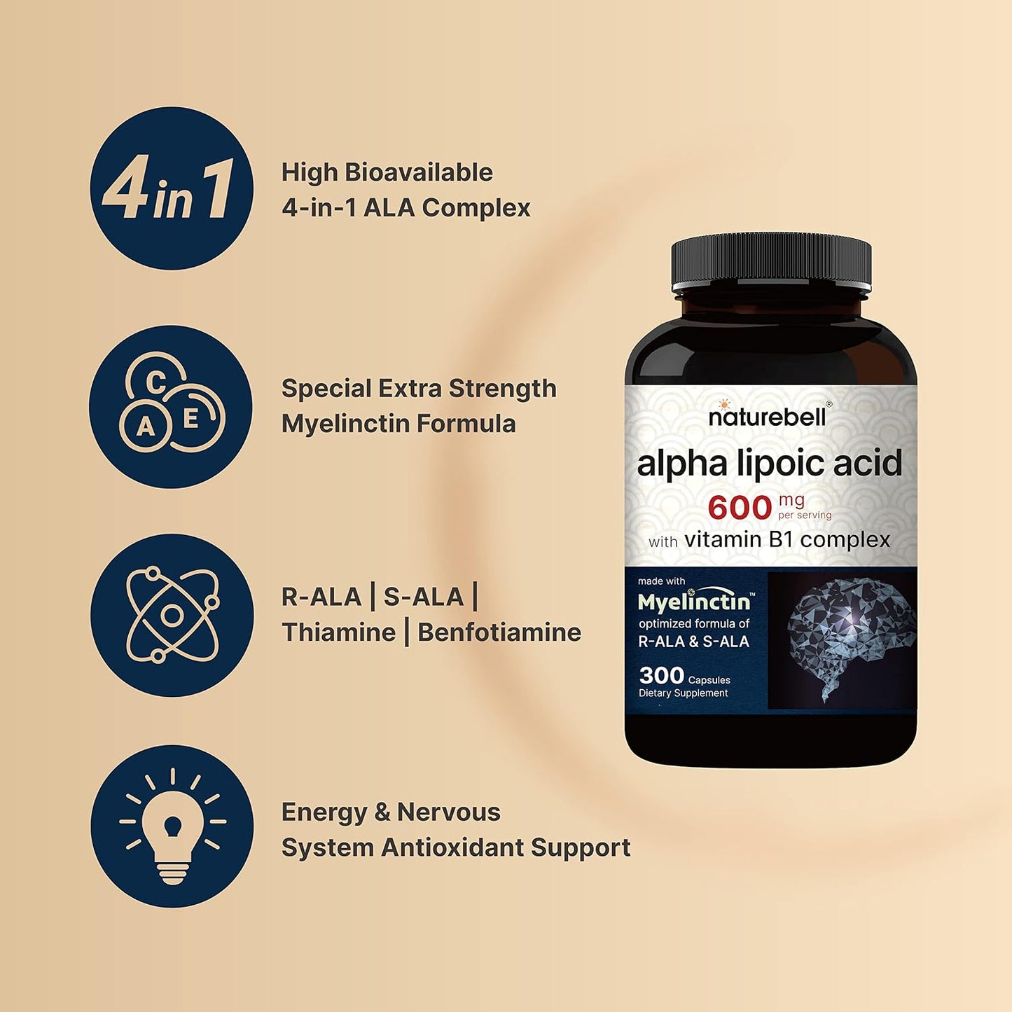 NatureBell Alpha Lipoic Acid Complex, 600mg, 300 Capsules | 4-in-1 Myelinctin Formula with R-ALA, S-ALA, Thiamine & Benfotiamine | High Absorption & Antioxidant Support | Non-GMO, Gluten-Free - PrimeBioHealth - canada supplements