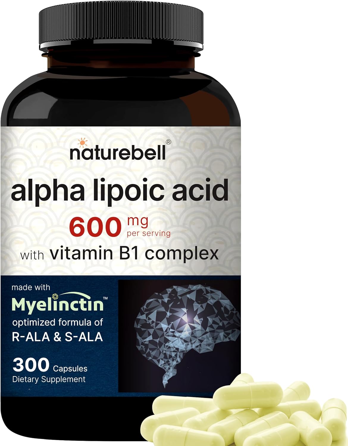 NatureBell Alpha Lipoic Acid Complex, 600mg, 300 Capsules | 4-in-1 Myelinctin Formula with R-ALA, S-ALA, Thiamine & Benfotiamine | High Absorption & Antioxidant Support | Non-GMO, Gluten-Free - PrimeBioHealth - canada supplements