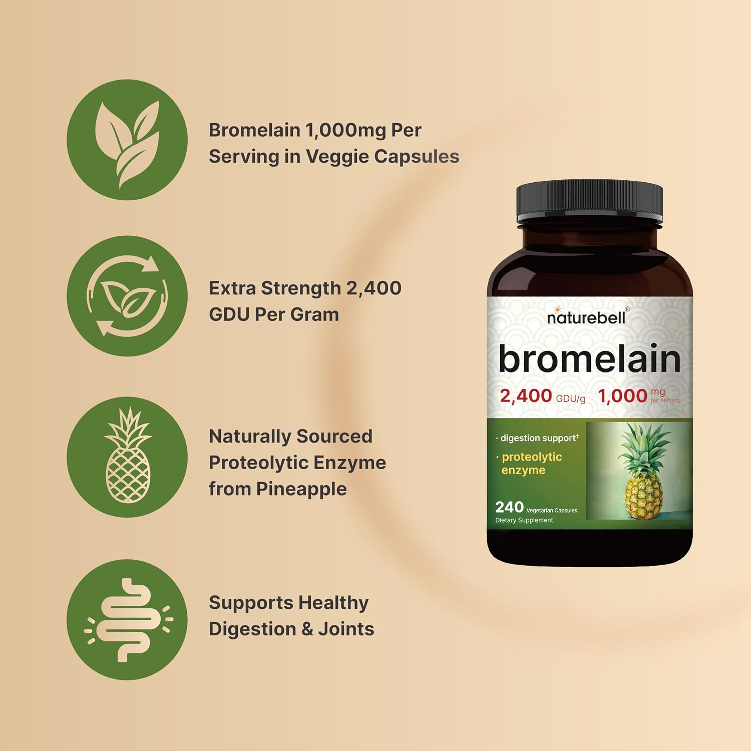 NatureBell Bromelain, 1,000mg Per Serving, 240 Veggie Capsules | 2,400 GDU – Digestive Enzymes & Joint Support Supplement – Proteolytic Enzymes for Digestion, Fresh Pineapple Source – Non-GMO - PrimeBioHealth - canada supplements