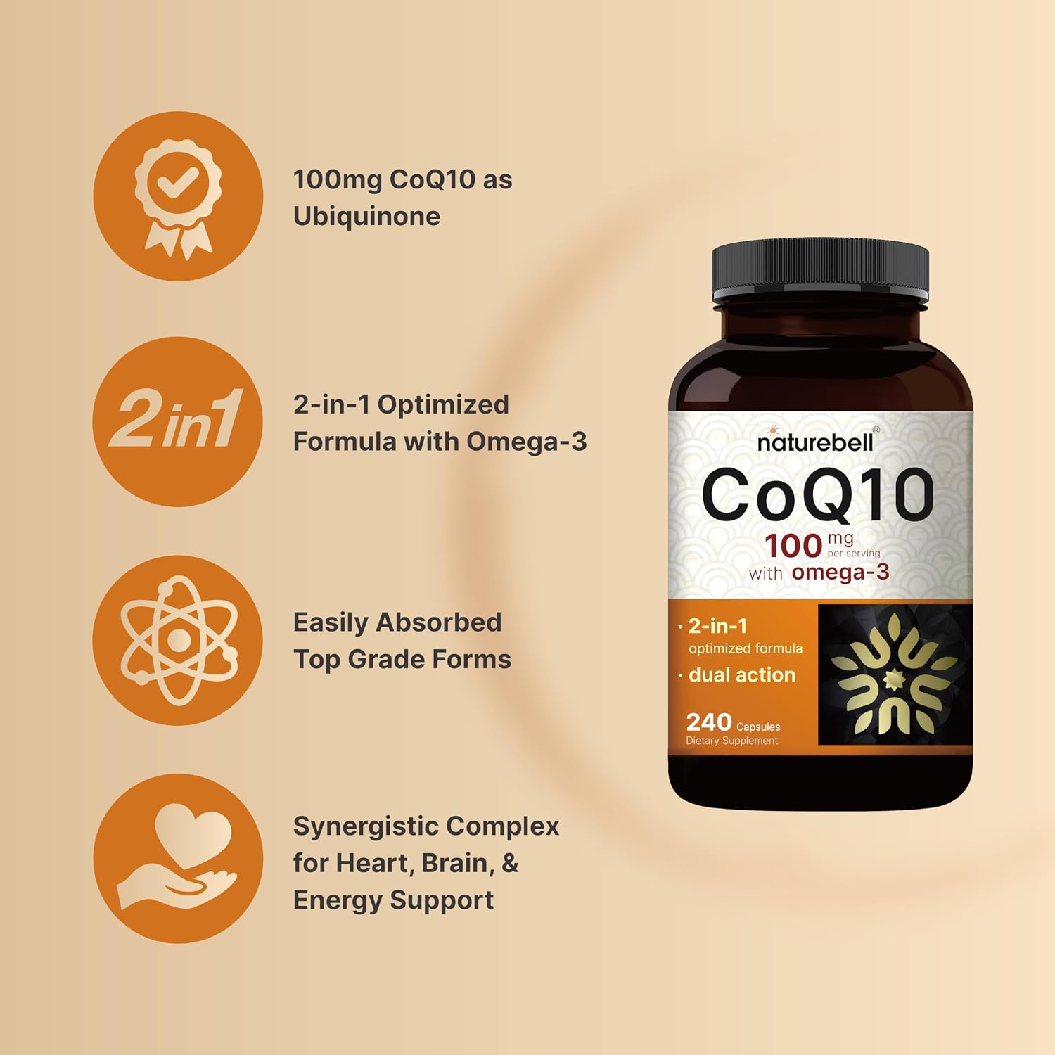 NatureBell CoQ10 100mg with Omega 3, 240 Capsules | Stable High Absorption Form – Antioxidant Support for Heart & Energy Health – Extra Strength Coenzyme Q10 Supplement - PrimeBioHealth - canada supplements