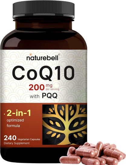 NatureBell CoQ10 200mg with PQQ, 240 Veggie Capsules | Stable High Absorption Form – Antioxidant Support for Heart, & Energy Health – Extra Strength Coenzyme Q10 Supplement - PrimeBioHealth - canada supplements