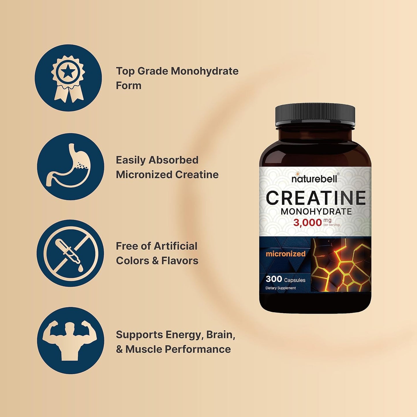 NatureBell Creatine Monohydrate Capsules 3,000mg Per Serving, 300 Count | Micronized, Unflavored Creatine Pills | Pre-Workout & Muscle Strength Support | Easy to Swallow, Filler-Free | 50 Servings - PrimeBioHealth - canada supplements