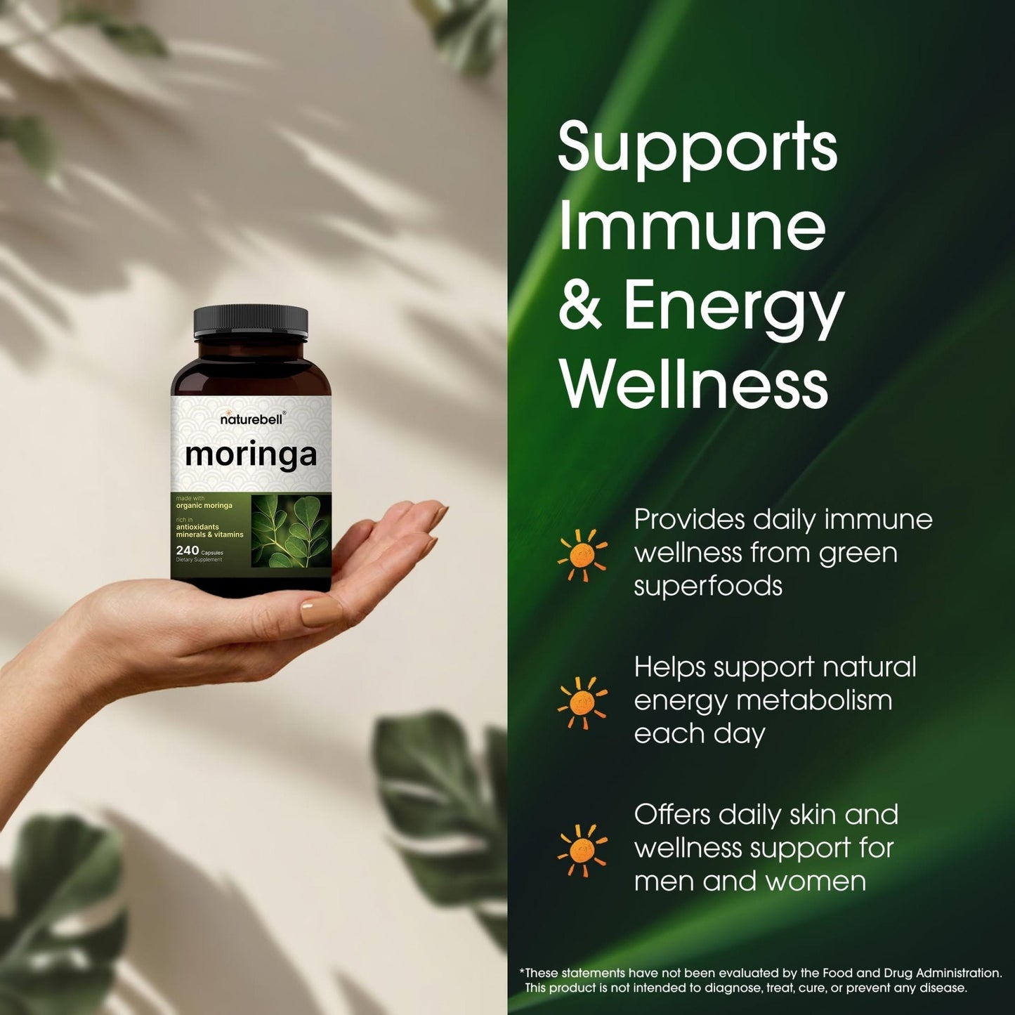 NatureBell Moringa - 240 Capsules - Organic Moringa for Immune, Energy & Skin Health Support - Green Superfood Properties - PrimeBioHealth - canada supplements
