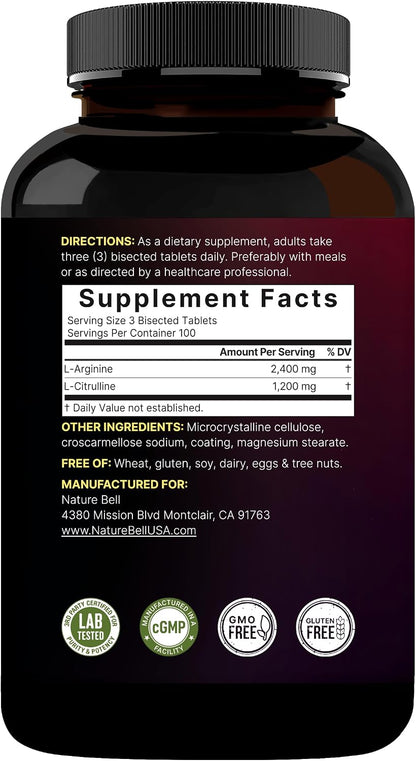 NatureBell Nitric Oxide Supplement for Men & Women – Pre-Workout Formula with L-Arginine & L-Citrulline – 3,600mg, 300 Bisected Tablets (100 Servings) – Max Strength – Non-GMO, Gluten Free* - PrimeBioHealth - canada supplements