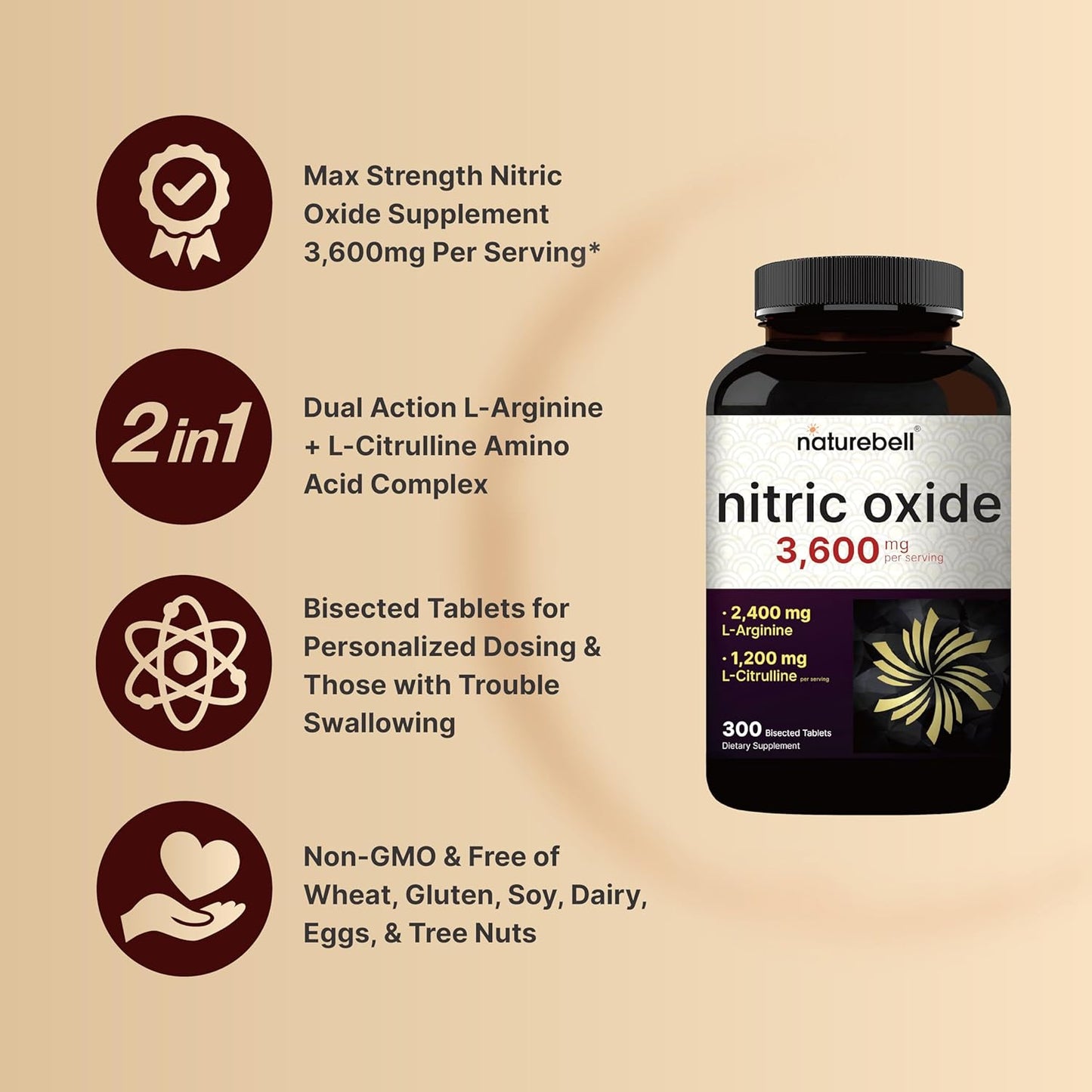 NatureBell Nitric Oxide Supplement for Men & Women – Pre-Workout Formula with L-Arginine & L-Citrulline – 3,600mg, 300 Bisected Tablets (100 Servings) – Max Strength – Non-GMO, Gluten Free* - PrimeBioHealth - canada supplements