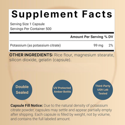 NatureBell Potassium Citrate 99mg, 500 Capsules - Chelated Mineral Supplements - Non-GMO, Gluten Free - PrimeBioHealth - canada supplements