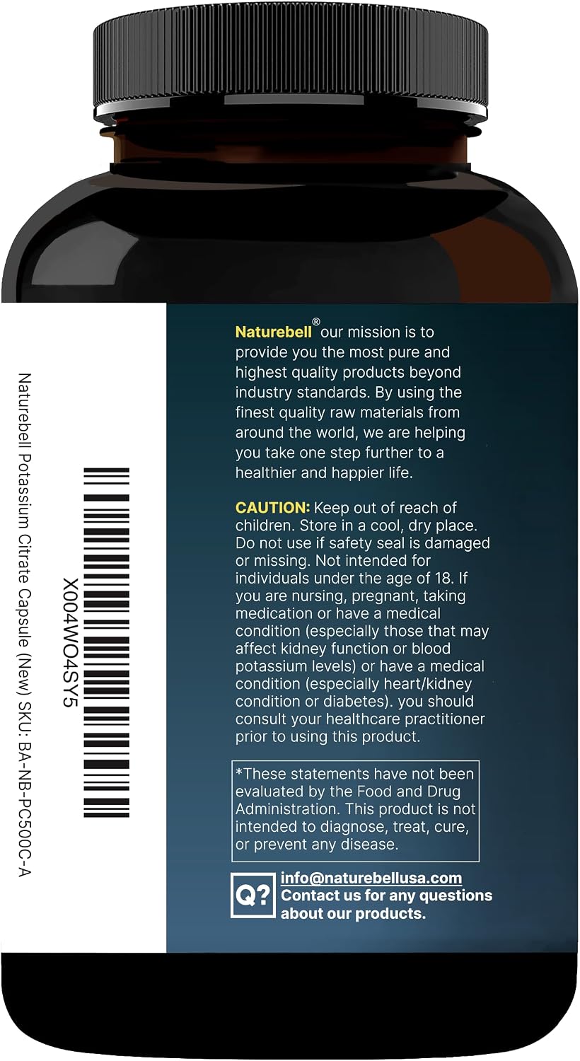 NatureBell Potassium Citrate 99mg, 500 Capsules - Chelated Mineral Supplements - Non-GMO, Gluten Free - PrimeBioHealth - canada supplements