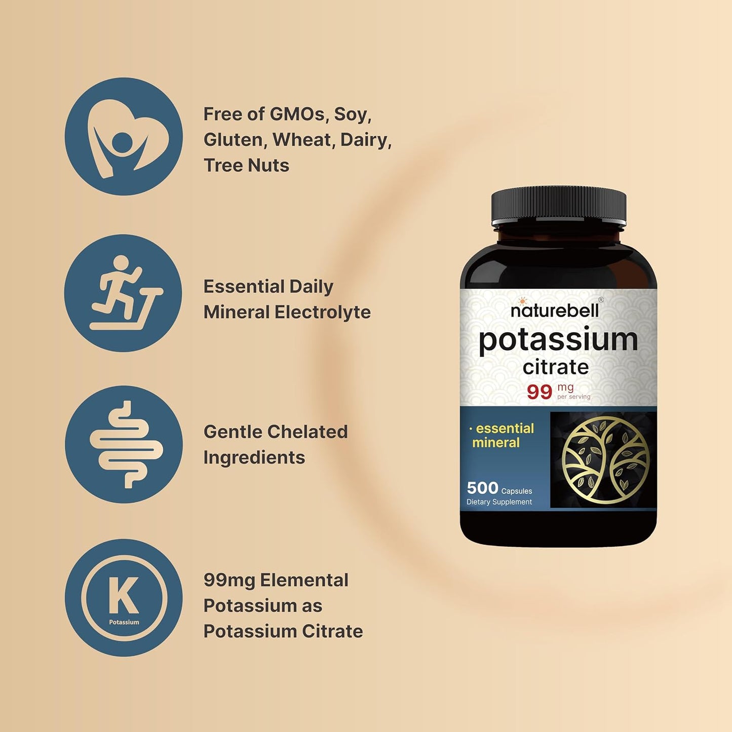 NatureBell Potassium Citrate 99mg, 500 Capsules - Chelated Mineral Supplements - Non-GMO, Gluten Free - PrimeBioHealth - canada supplements