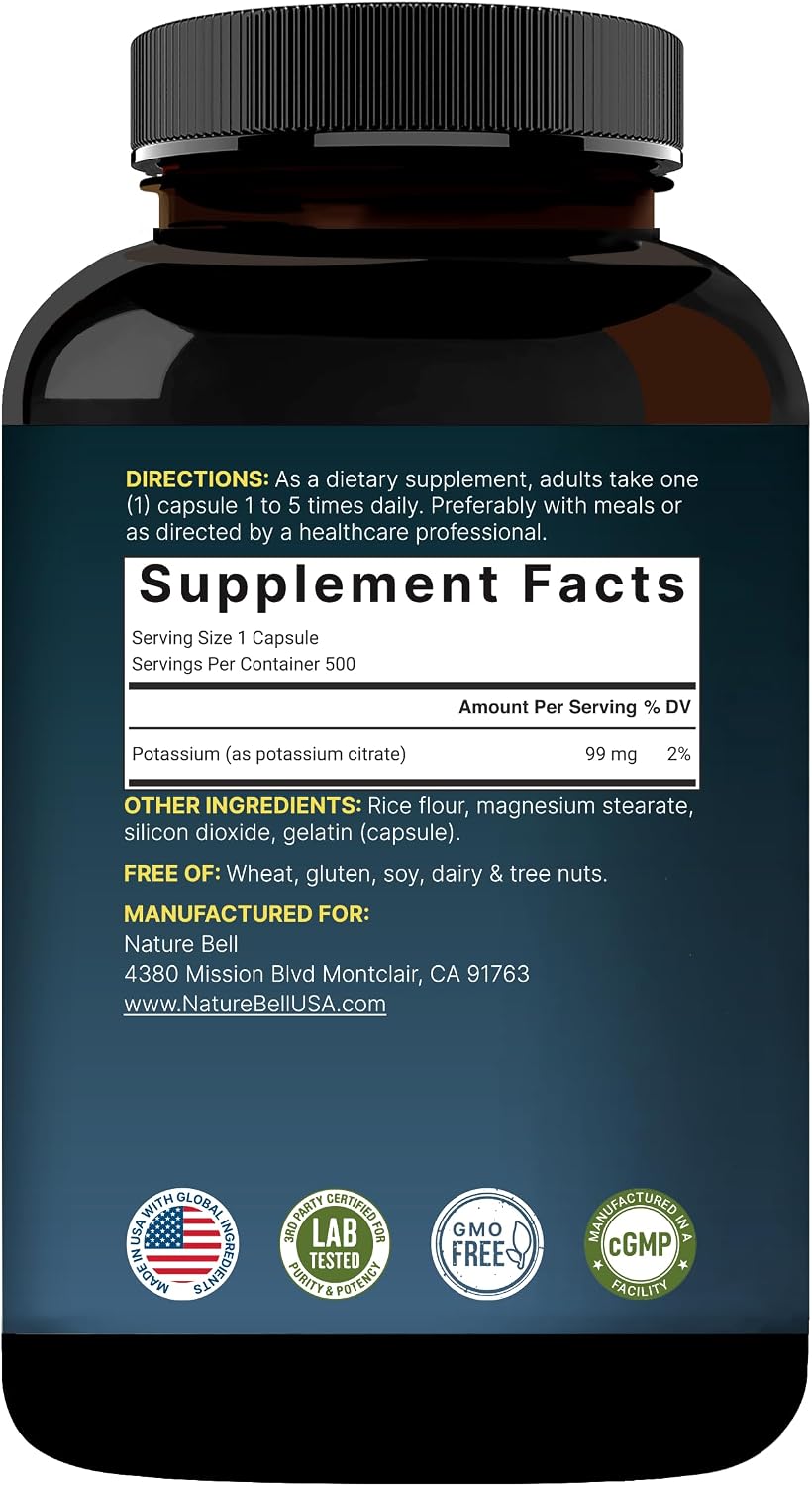 NatureBell Potassium Citrate 99mg, 500 Capsules - Chelated Mineral Supplements - Non-GMO, Gluten Free - PrimeBioHealth - canada supplements