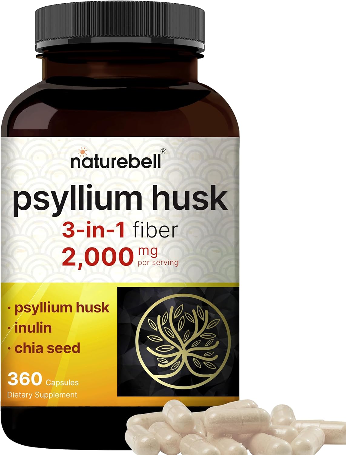 NatureBell Psyllium Husk Fiber Capsules 2,000mg Per Serving, 360 Caps | Soluble Fiber Supplement | 3-in-1 with Inulin & Chia Seed | Plant Based, Non-GMO, Gluten Free - PrimeBioHealth - canada supplements