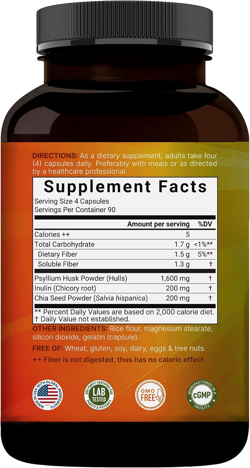 NatureBell Psyllium Husk Fiber Capsules 2,000mg Per Serving, 360 Caps | Soluble Fiber Supplement | 3-in-1 with Inulin & Chia Seed | Plant Based, Non-GMO, Gluten Free - PrimeBioHealth - canada supplements