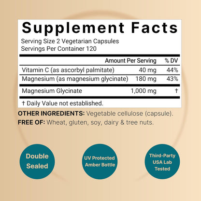 NatureBell Pure Magnesium Glycinate 1,000 mg, 240 Vegetarian Capsules | 1,000 mg Magnesium Glycinate Per Serving - Chelated Magnesium Form with Vitamin C – Non-GMO, Filler Free, cGMP Manufactured - PrimeBioHealth - canada supplements