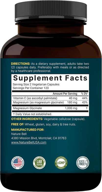 NatureBell Pure Magnesium Glycinate 1,000 mg, 240 Vegetarian Capsules | 1,000 mg Magnesium Glycinate Per Serving - Chelated Magnesium Form with Vitamin C – Non-GMO, Filler Free, cGMP Manufactured - PrimeBioHealth - canada supplements