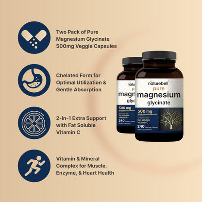 Naturebell Pure Magnesium Glycinate 500mg, 240 Veggie Capsules | 100% Chelated & Purified – 3rd Party Tested, Vegan Friendly, Non-GMO, Filler Free - PrimeBioHealth - canada supplements