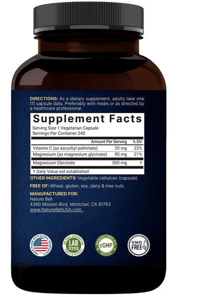 Naturebell Pure Magnesium Glycinate 500mg, 240 Veggie Capsules | 100% Chelated & Purified – 3rd Party Tested, Vegan Friendly, Non-GMO, Filler Free - PrimeBioHealth - canada supplements