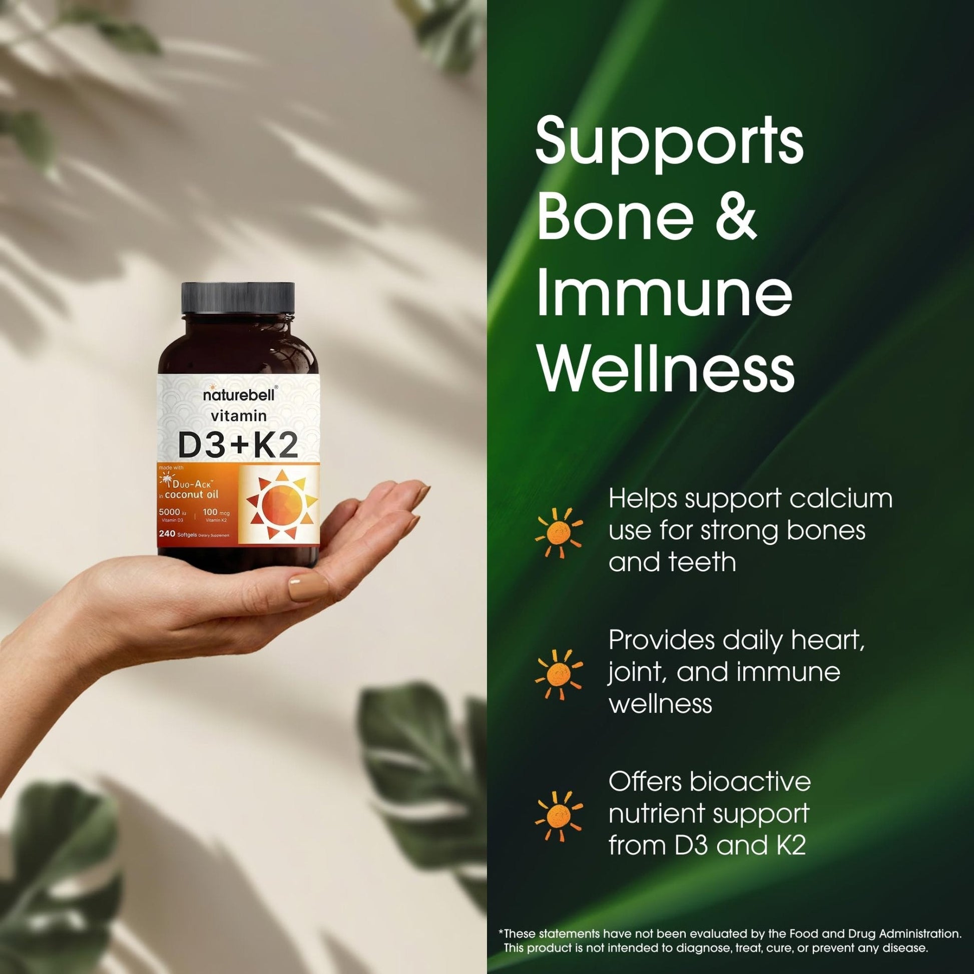 NatureBell Vitamin D3 K2-240 Softgels - 5,000 IU Vitamin D3 & 100mcg Vitamin K2 MK-7 - with Virgin Coconut Oil - Bone, Heart & Immune Health Support - PrimeBioHealth - canada supplements