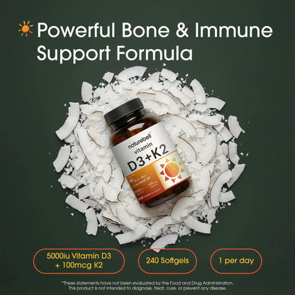 NatureBell Vitamin D3 K2-240 Softgels - 5,000 IU Vitamin D3 & 100mcg Vitamin K2 MK-7 - with Virgin Coconut Oil - Bone, Heart & Immune Health Support - PrimeBioHealth - canada supplements
