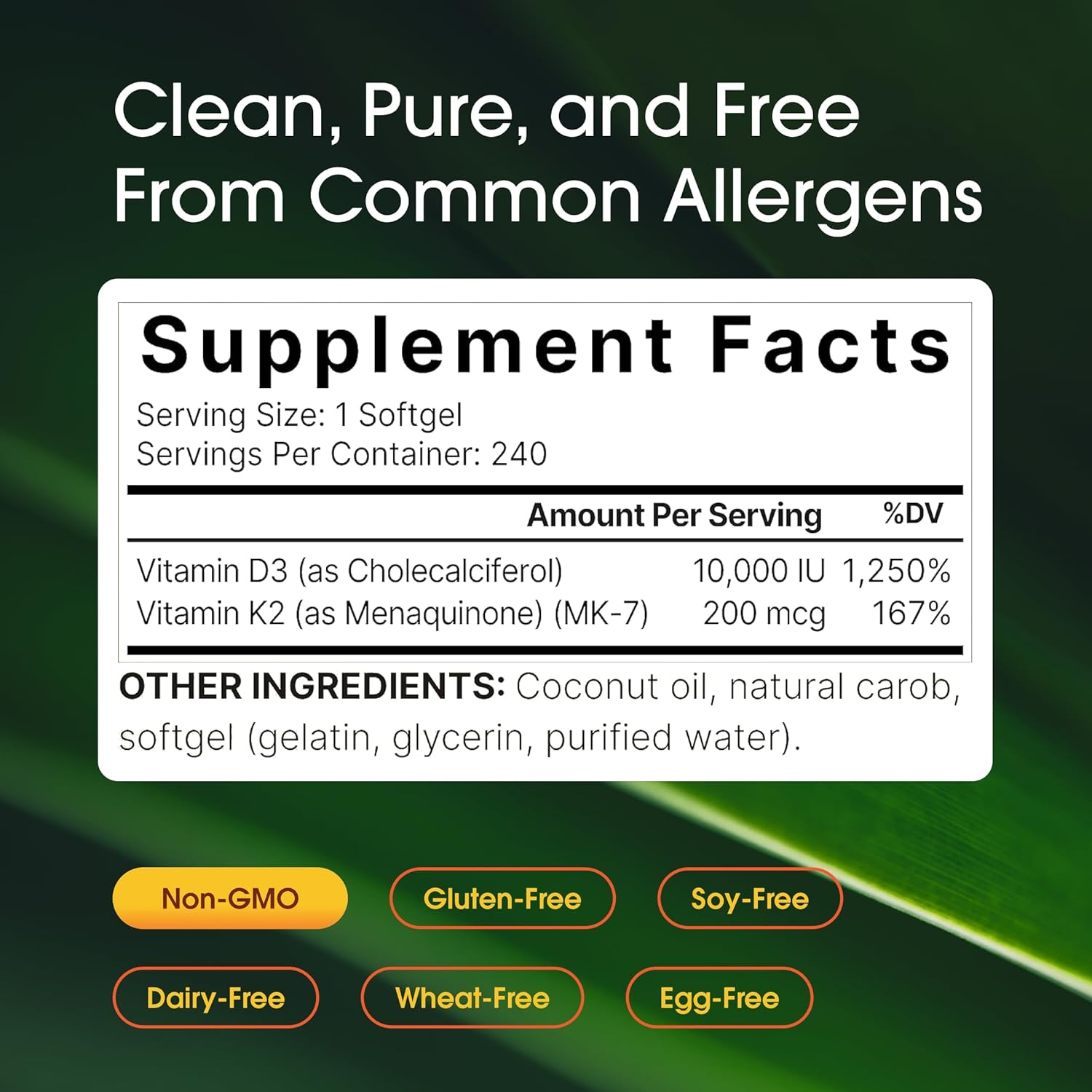 NatureBell Vitamin Double Strength D3 + K2-240 Softgels - 10,000 IU Vitamin D & 200mcg K2 - Bone Strength, Immune Function & Calcium Absorption Support* - Coconut Oil Infused - PrimeBioHealth - canada supplements