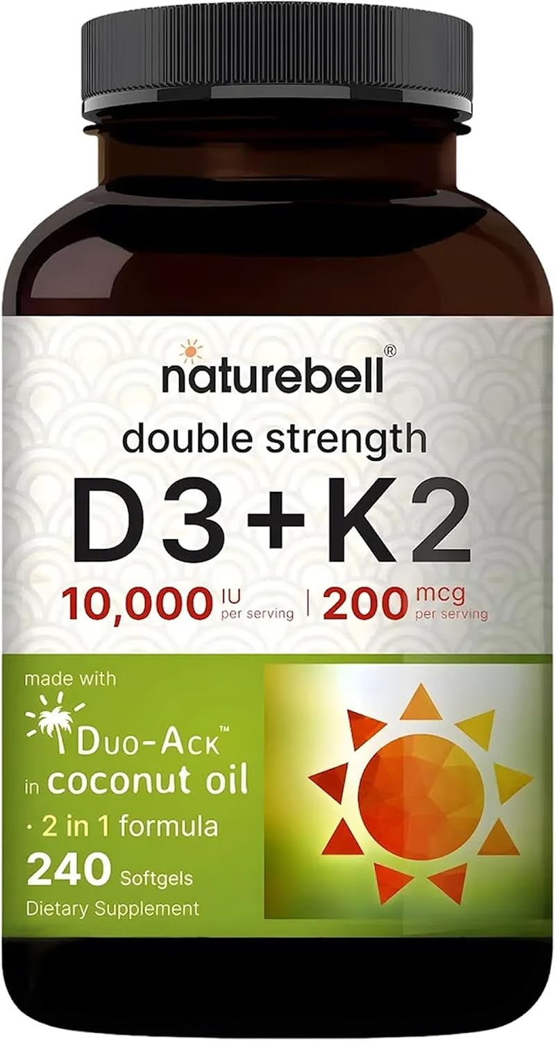 NatureBell Vitamin Double Strength D3 + K2-240 Softgels - 10,000 IU Vitamin D & 200mcg K2 - Bone Strength, Immune Function & Calcium Absorption Support* - Coconut Oil Infused - PrimeBioHealth - canada supplements