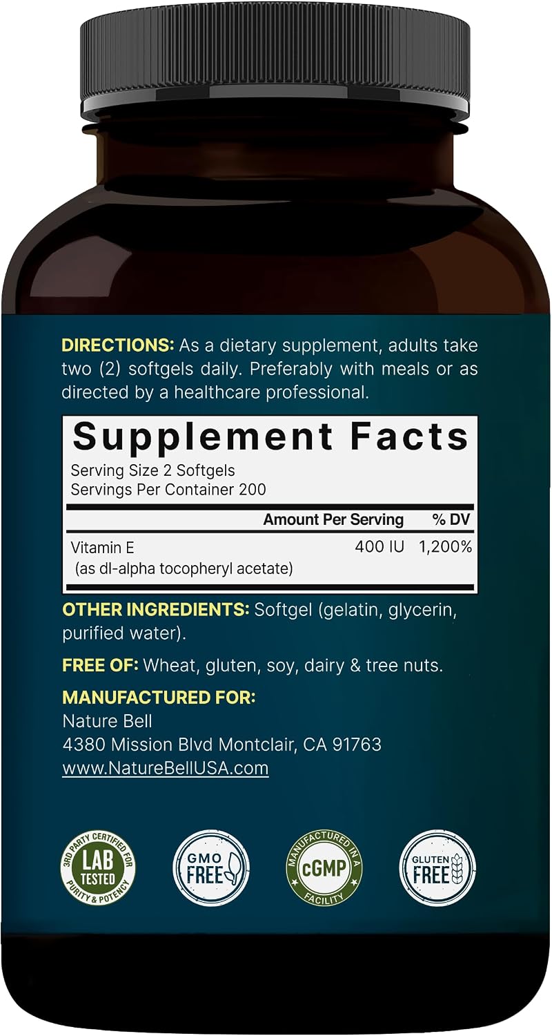 NatureBell Vitamin E Oil Softgels, 400iu Per Serving, 400 Pills | Essential Antioxidant Supplements, Easily Absorbed Form – Supports Skin, Heart, & Immune Health – Non-GMO - PrimeBioHealth - canada supplements