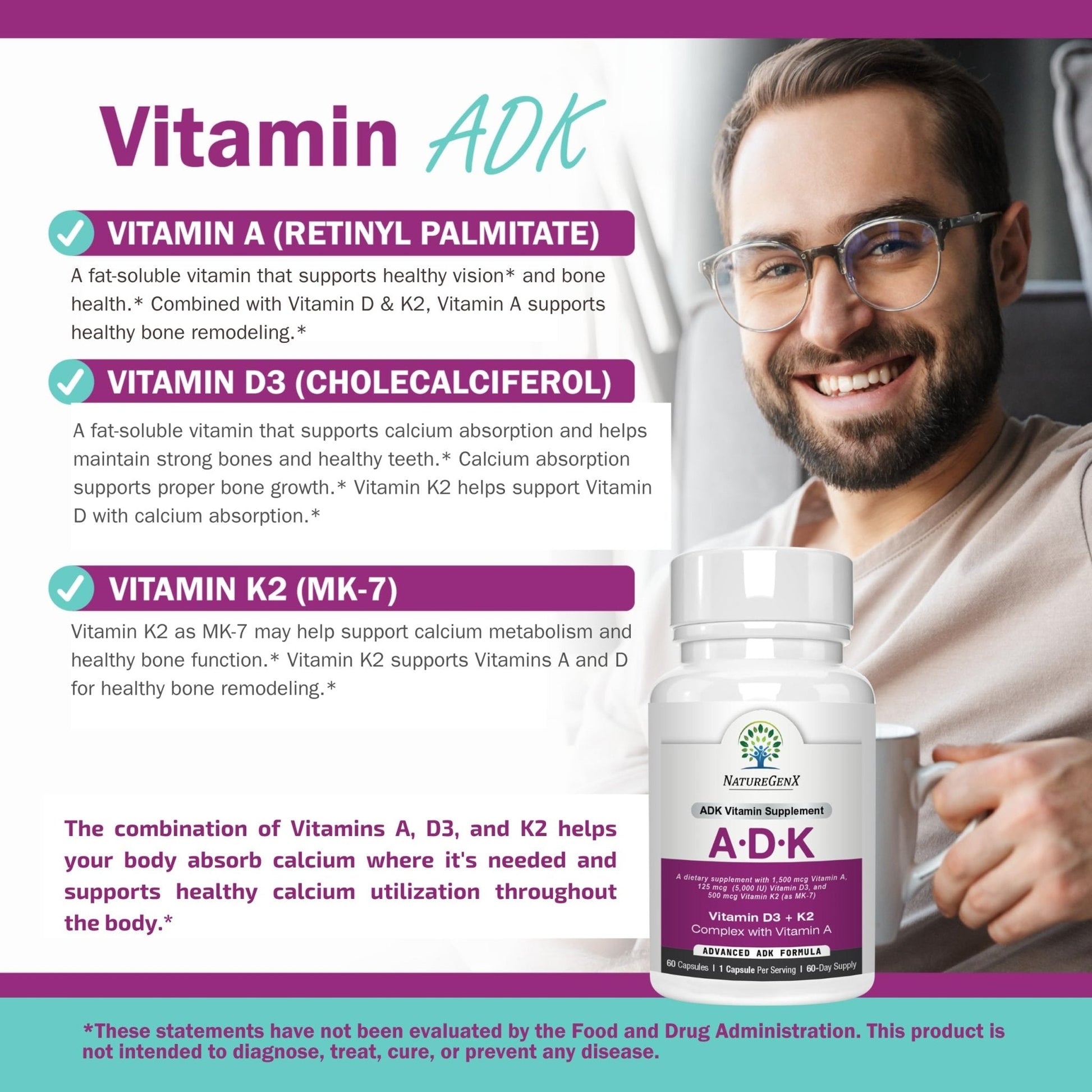 NatureGenX ADK Vitamin Supplement – Vitamins A, D3 & K2 MK-7 for Bone Health & Calcium Absorption – Gluten-Free, Non-GMO, Soy-Free - PrimeBioHealth - canada supplements