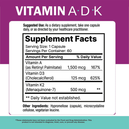 NatureGenX ADK Vitamin Supplement – Vitamins A, D3 & K2 MK-7 for Bone Health & Calcium Absorption – Gluten-Free, Non-GMO, Soy-Free - PrimeBioHealth - canada supplements