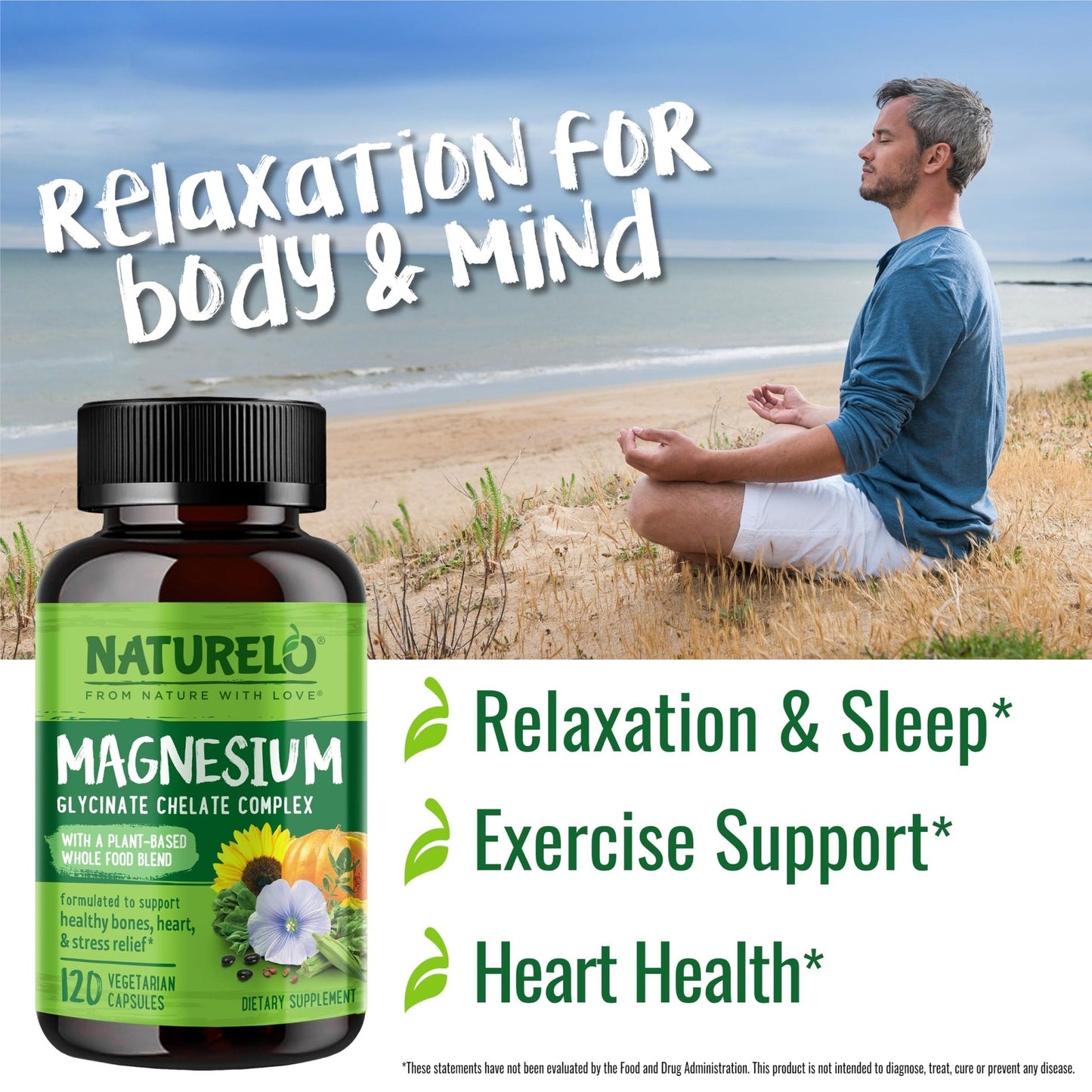 NATURELO Magnesium Glycinate Chelate Complex - 200 mg Magnesium with Organic Vegetables to Support Sleep, Calm, Muscle Cramp & Stress Relief - PrimeBioHealth - canada supplements