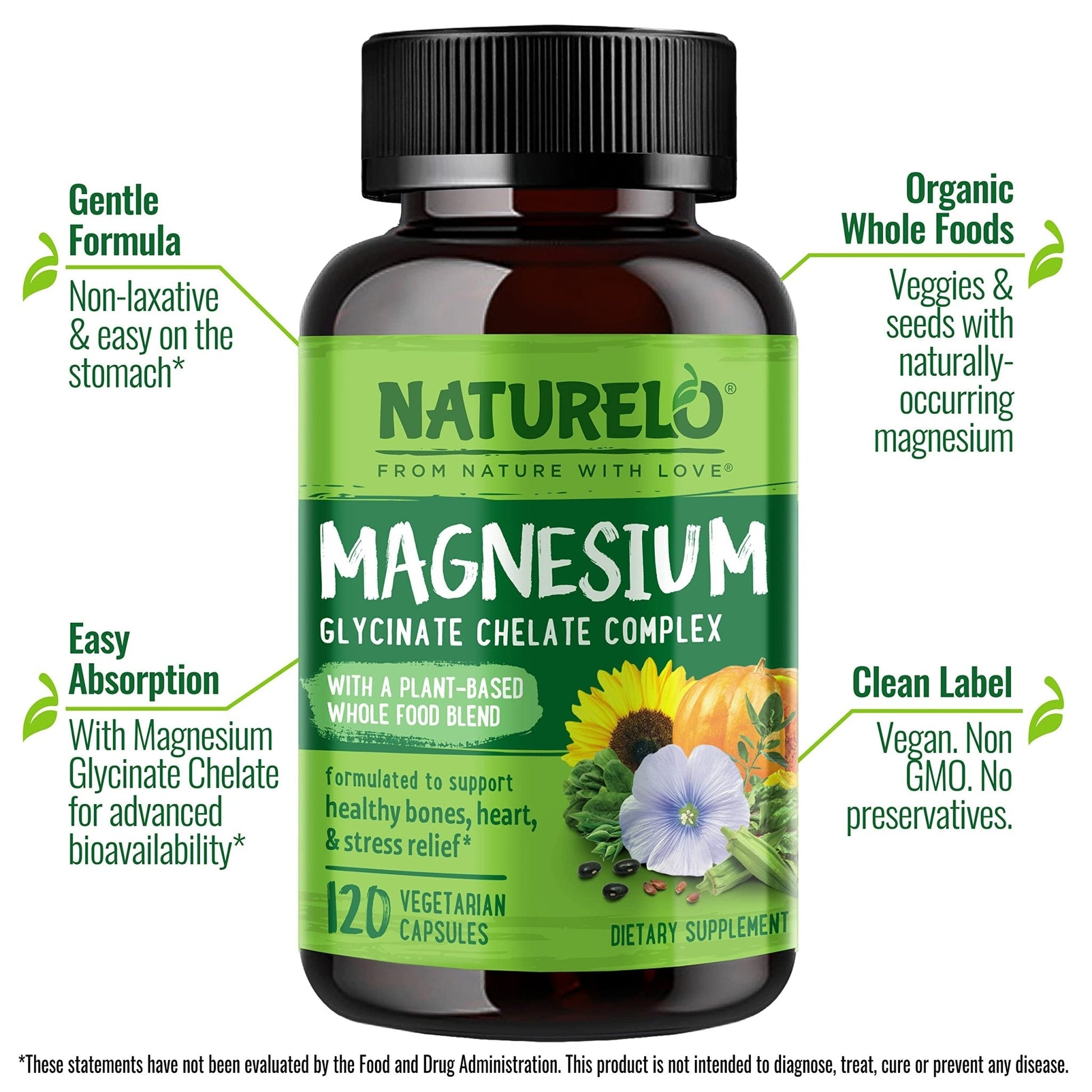 NATURELO Magnesium Glycinate Chelate Complex - 200 mg Magnesium with Organic Vegetables to Support Sleep, Calm, Muscle Cramp & Stress Relief - PrimeBioHealth - canada supplements