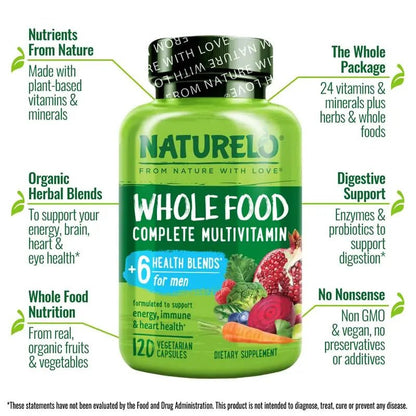 NATURELO Mens Multivitamins - Whole Food Multivitamin for Men with Vitamins, Minerals - 120 Vegetarian Capsules for Energy, Brain, Heart, Eye Health* - PrimeBioHealth - canada supplements