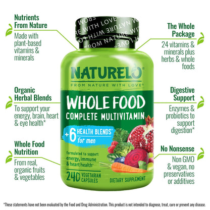 NATURELO Mens Multivitamins - Whole Food Multivitamin for Men with Vitamins, Minerals - 240 Vegetarian Capsules for Energy, Brain, Heart, Eye Health* - PrimeBioHealth - canada supplements