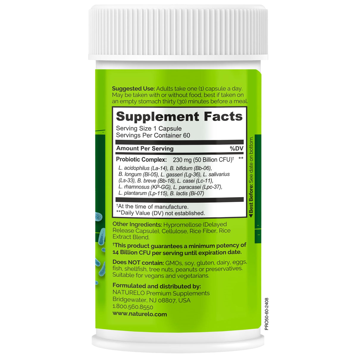 NATURELO Probiotics for Digestive Health - 50 Billion CFU, 11 Strains, Daily Use Supplement - Boosts Immune System, Delayed Release, - PrimeBioHealth - canada supplements