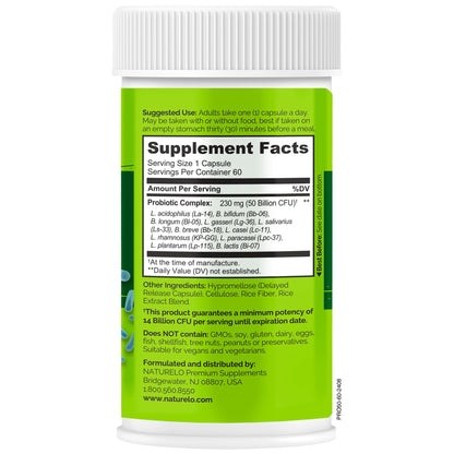 NATURELO Probiotics for Digestive Health - 50 Billion CFU, 11 Strains, Daily Use Supplement - Boosts Immune System, Delayed Release, - PrimeBioHealth - canada supplements