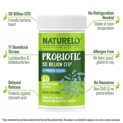 NATURELO Probiotics for Digestive Health - 50 Billion CFU, 11 Strains, Daily Use Supplement - Boosts Immune System, Delayed Release, - PrimeBioHealth - canada supplements