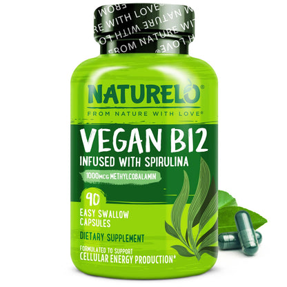 NATURELO Vegan B12 - Methyl B12 with Organic Spirulina - High Potency Vitamin B12 1000 mcg Methylcobalamin - Supports Healthy Mood - PrimeBioHealth - canada supplements