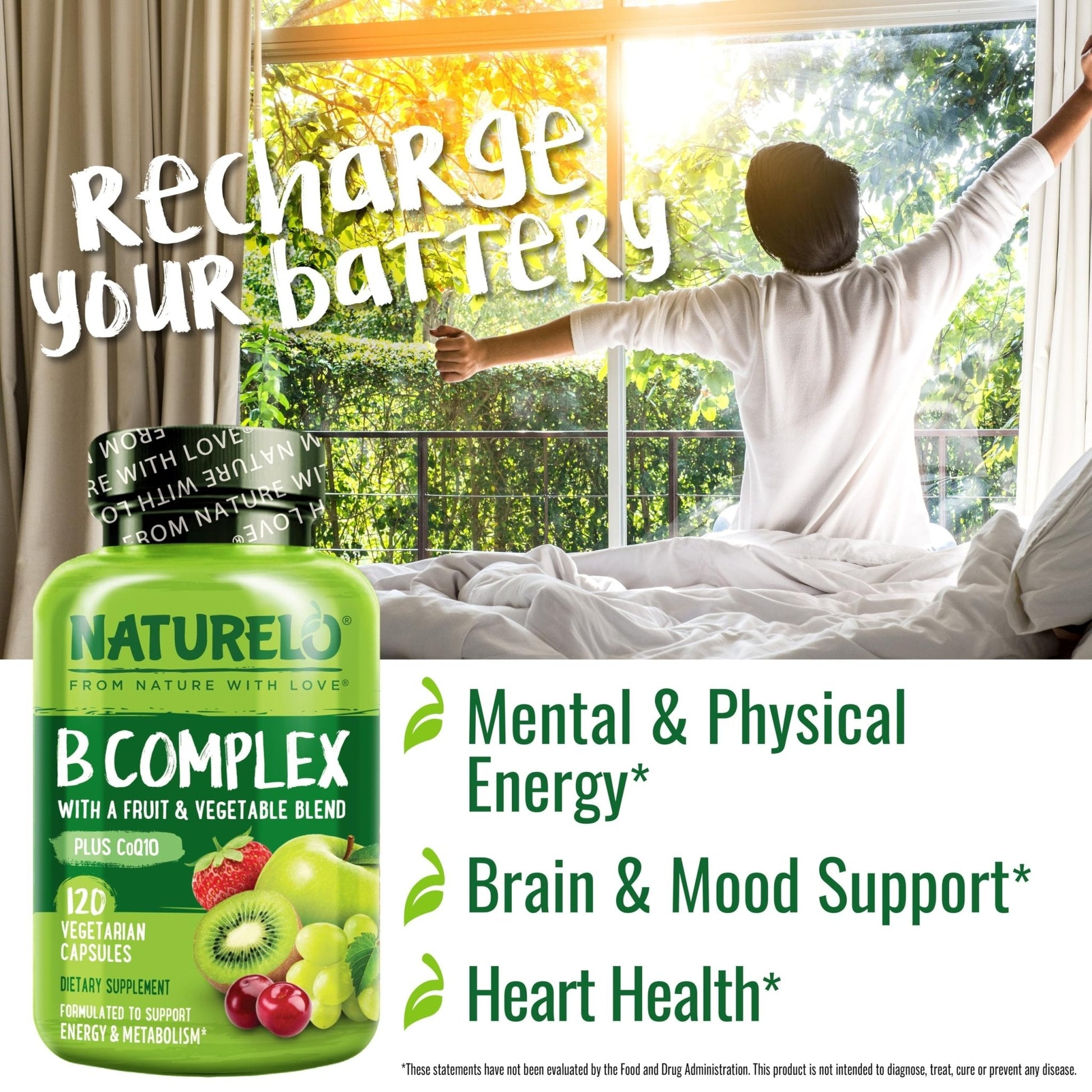 NATURELO Vitamin B Complex,120 Capsules, Vegan, CoQ10, Methyl Folate, Biotin, Fruit & Veg Blend, Supports Energy and Healthy Stress Response - PrimeBioHealth - canada supplements