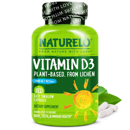 NATURELO Vitamin D - 2500 IU - Plant Based from Lichen - Natural D3 Supplement for Immune System, Bone Support, Joint Health - Vegan - PrimeBioHealth - canada supplements