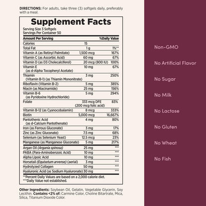 Nature's Bounty Advanced Hair, Skin & Nails, Argan-Infused Vitamin Supplement with Biotin and Hyaluronic Acid, 150 Rapid Release Softgels, 50 Total Servings - PrimeBioHealth - canada supplements