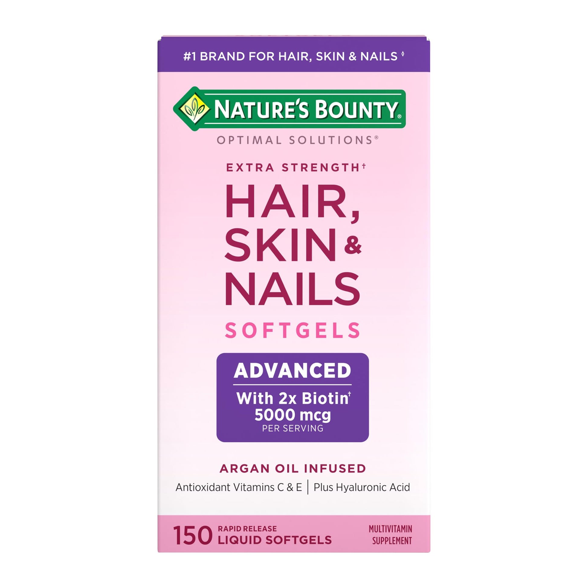 Nature's Bounty Advanced Hair, Skin & Nails, Argan-Infused Vitamin Supplement with Biotin and Hyaluronic Acid, 150 Rapid Release Softgels, 50 Total Servings - PrimeBioHealth - canada supplements