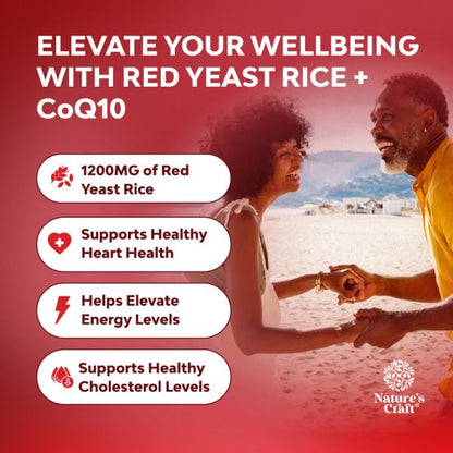 Natures Craft Red Yeast Rice with CoQ10 Supplement - Advanced Healthy Heart & Healthy Cholesterol Levels Formula for Men & Women - Red Yeast Rice Capsules with 1200 mg - PrimeBioHealth - canada supplements