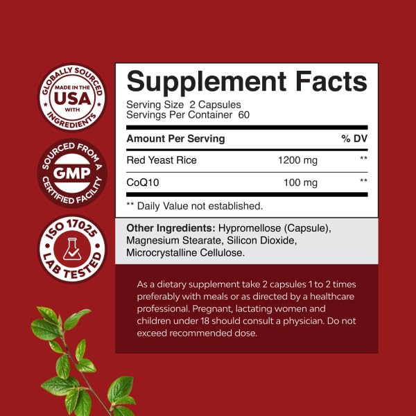 Natures Craft Red Yeast Rice with CoQ10 Supplement - Advanced Healthy Heart & Healthy Cholesterol Levels Formula for Men & Women - Red Yeast Rice Capsules with 1200 mg - PrimeBioHealth - canada supplements