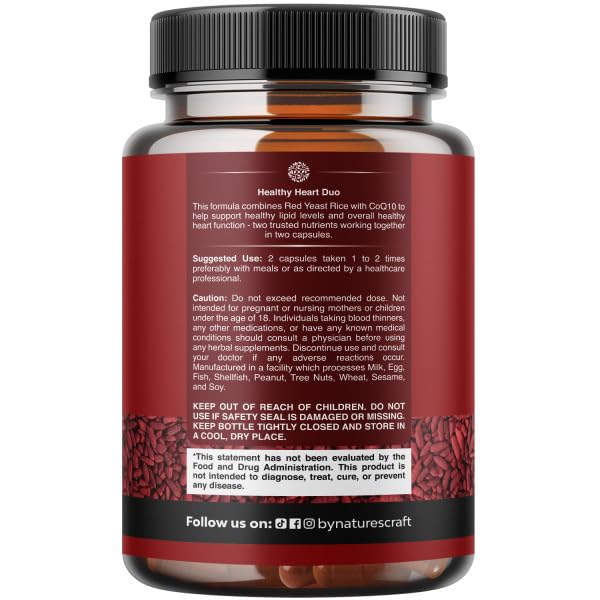 Natures Craft Red Yeast Rice with CoQ10 Supplement - Advanced Healthy Heart & Healthy Cholesterol Levels Formula for Men & Women - Red Yeast Rice Capsules with 1200 mg - PrimeBioHealth - canada supplements