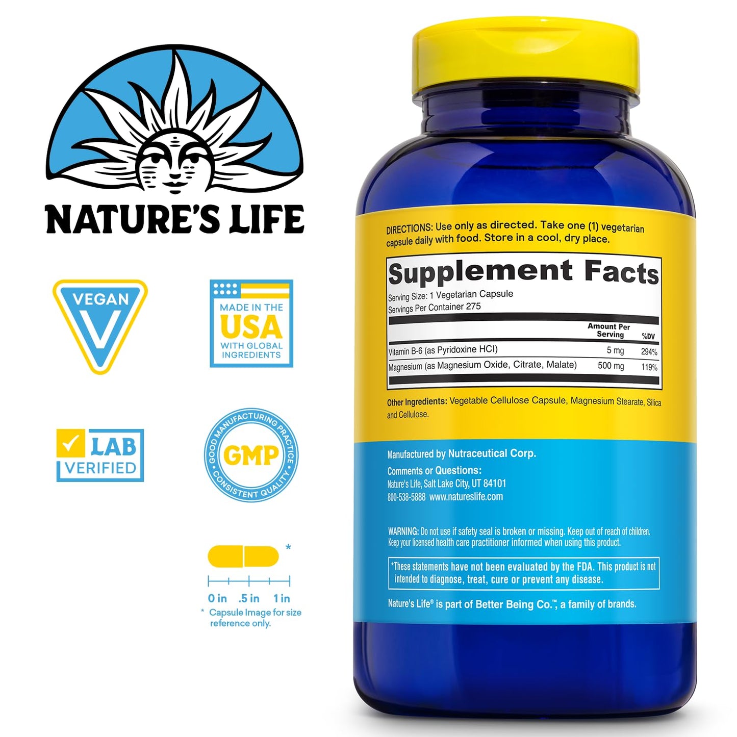 Nature’s Life Renewing Magnesium 500 mg - Magnesium Citrate, Magnesium Malate, Magnesium Oxide Plus Vitamin B-6 - Muscles and Nerves Support - Lab Verified - 275 Servings, 275 VegCaps - PrimeBioHealth - canada supplements