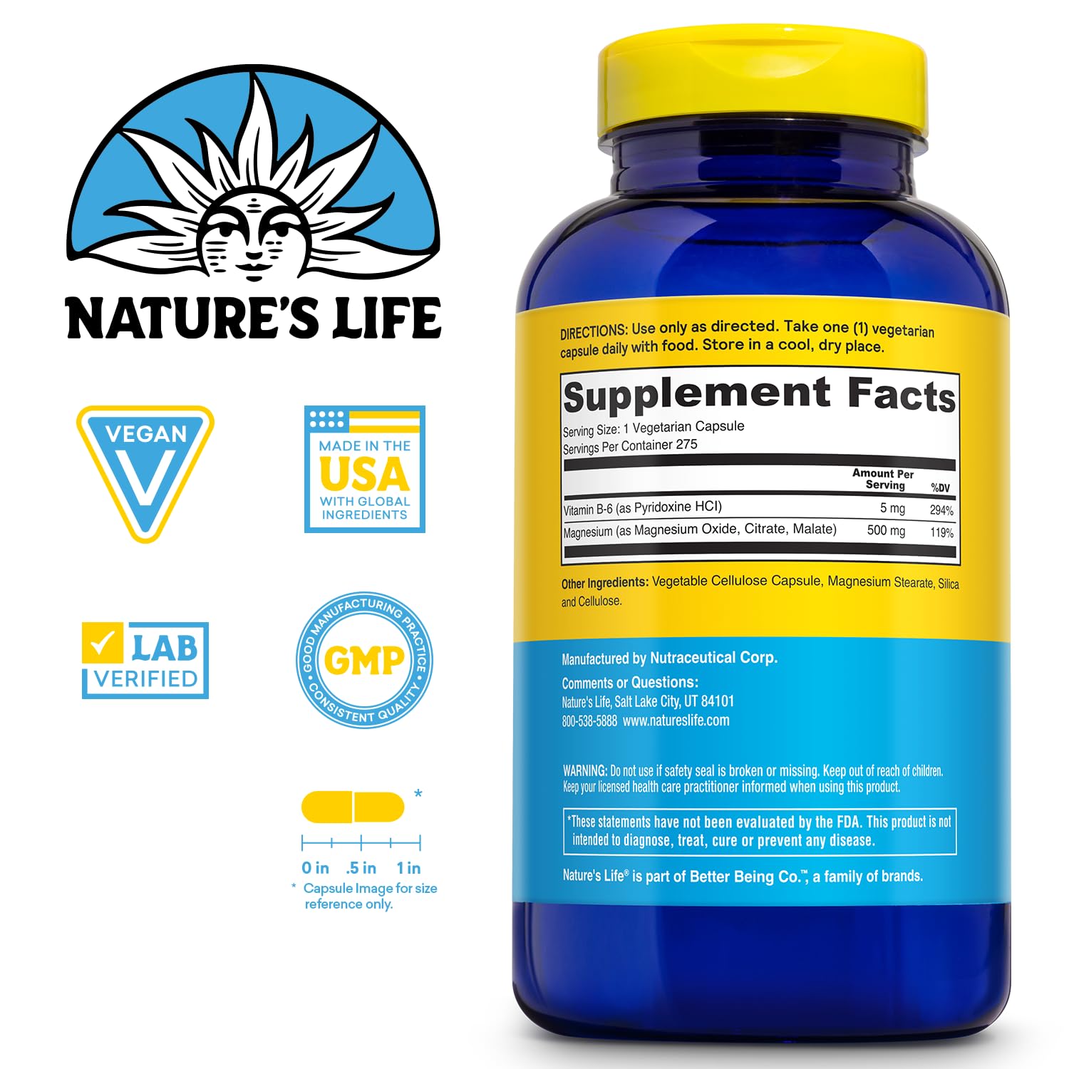 Nature’s Life Renewing Magnesium 500 mg - Magnesium Citrate, Magnesium Malate, Magnesium Oxide Plus Vitamin B-6 - Muscles and Nerves Support - Lab Verified - 275 Servings, 275 VegCaps - PrimeBioHealth - canada supplements