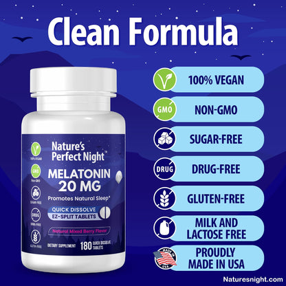 Nature's Perfect Night | Melatonin 20mg | 180 Quick Dissolve Tablets | Natural Mixed Berry Flavor |High Potency | Sugar Free - PrimeBioHealth - canada supplements