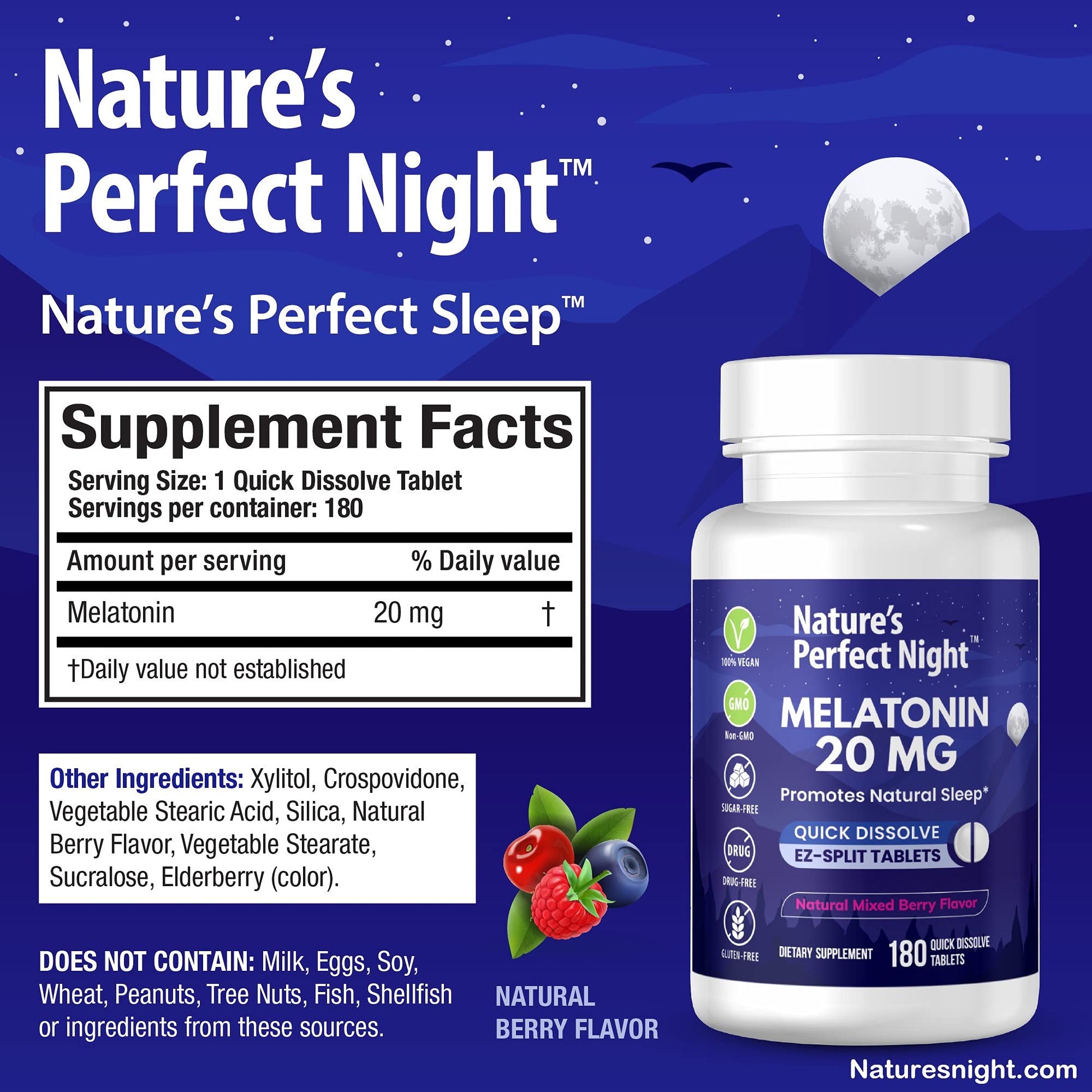 Nature's Perfect Night | Melatonin 20mg | 180 Quick Dissolve Tablets | Natural Mixed Berry Flavor |High Potency | Sugar Free - PrimeBioHealth - canada supplements