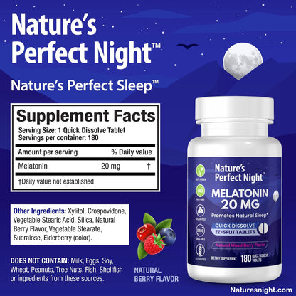 Nature's Perfect Night | Melatonin 20mg | 180 Quick Dissolve Tablets | Natural Mixed Berry Flavor |High Potency | Sugar Free - PrimeBioHealth - canada supplements