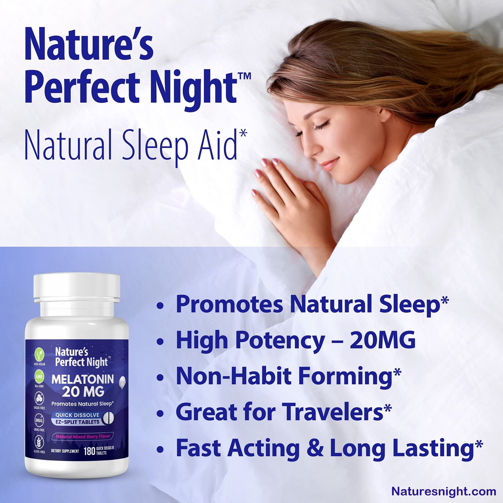 Nature's Perfect Night | Melatonin 20mg | 180 Quick Dissolve Tablets | Natural Mixed Berry Flavor |High Potency | Sugar Free - PrimeBioHealth - canada supplements