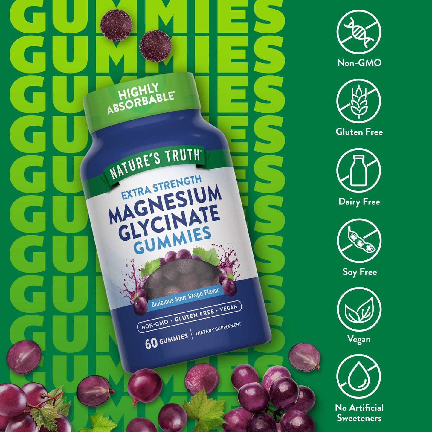 Nature's Truth Magnesium Glycinate Gummies | 60 Count | Sour Grape Flavor | Vegan, Non-GMO & Gluten Free Supplement - PrimeBioHealth - canada supplements